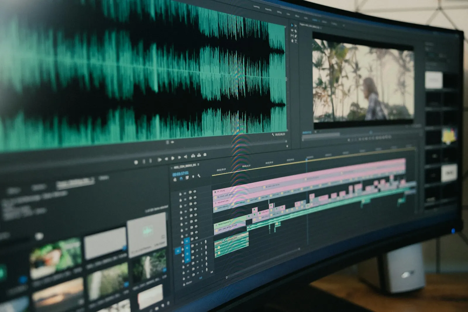 Audio waveform and edit timeline open on a curved monitor in post