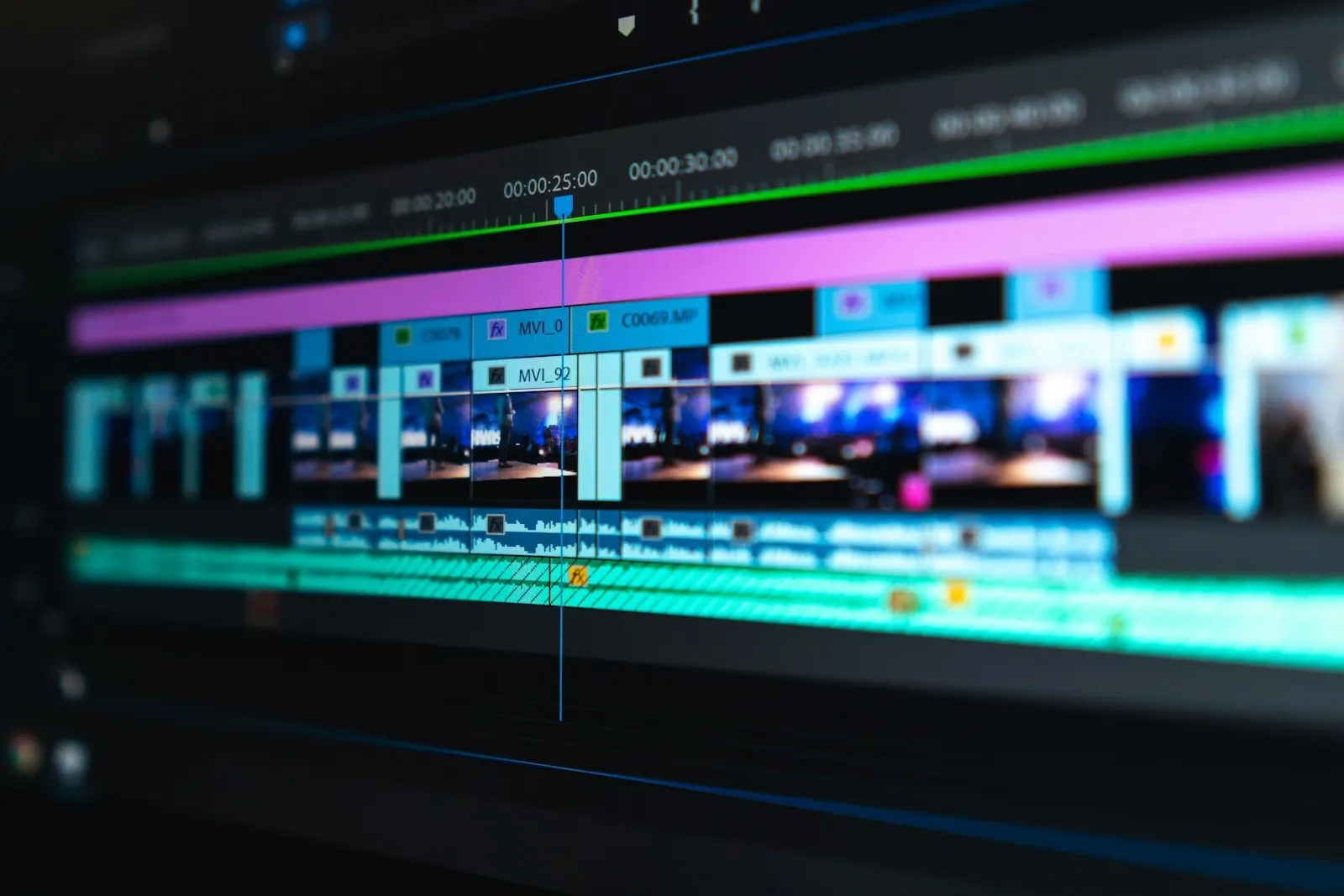 Editing timeline open across a wide monitor