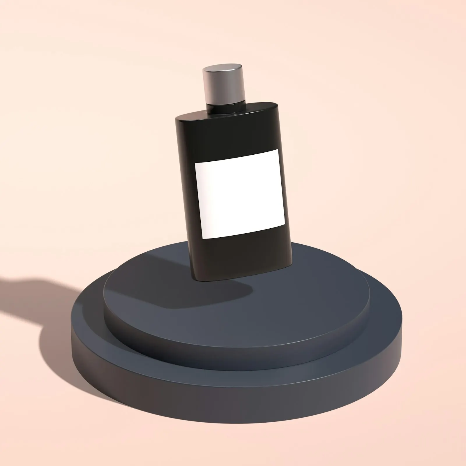 Black bottle with a blank label standing on a dark round pedestal